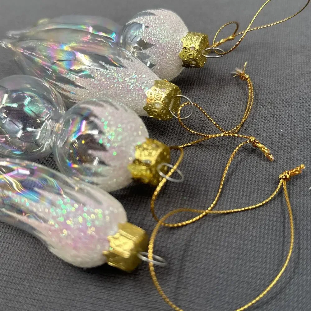 VTG Blown Glass Icicle Christmas Ornaments Clear Iridescent Glitter 4 pc Glam